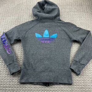 Vintage Adidas Scuba Hoodie Sweater Women Size Medium M Gray Full Zip 2000s Y2K